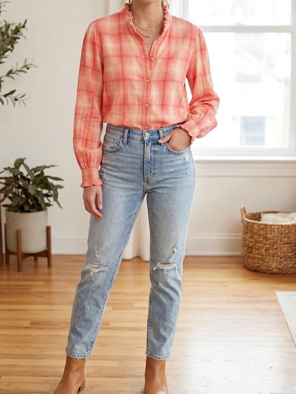 GAP Coral Orange Plaid Tie-Dye Ruffle Neck Long Sleeve Blouse Top😍